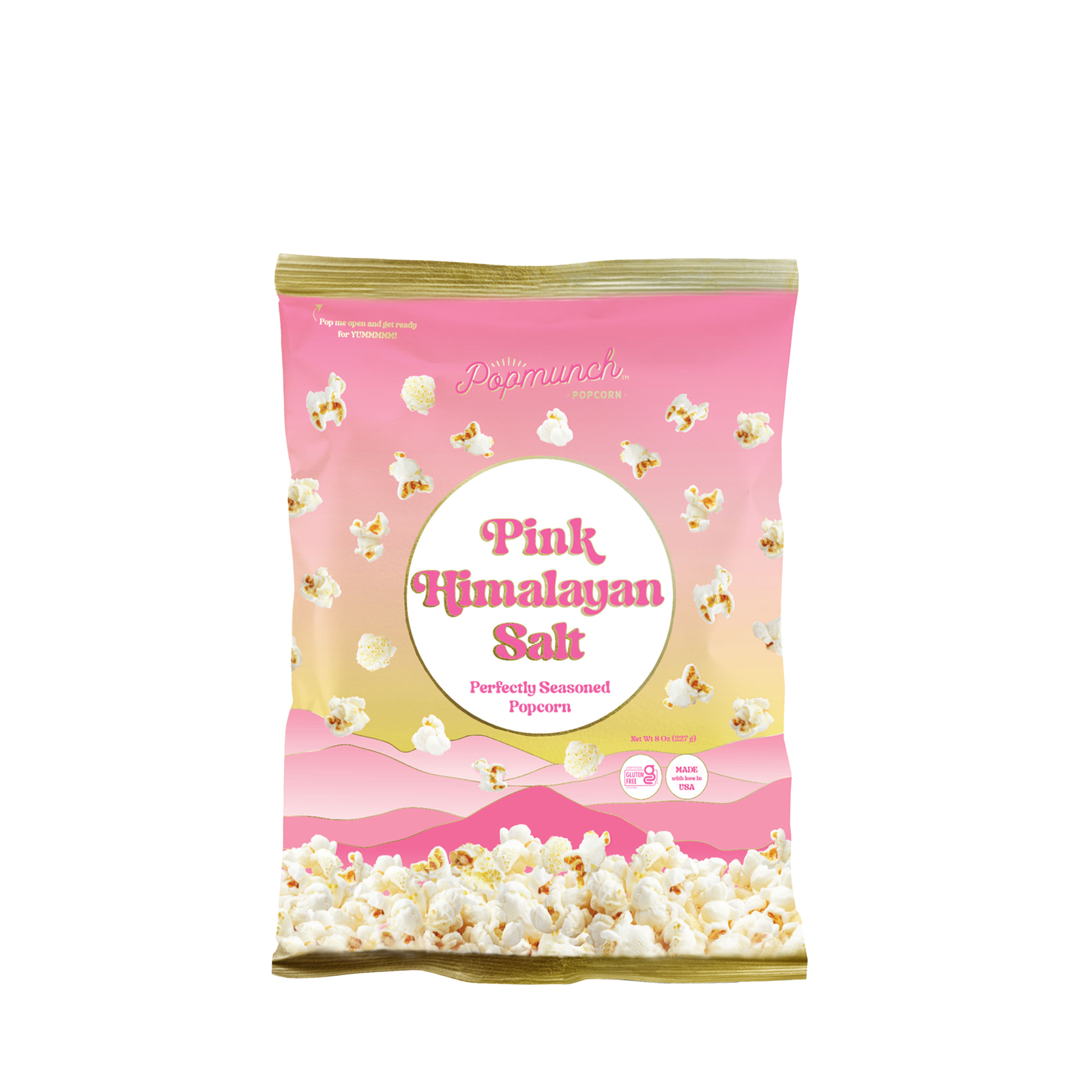 Pink Himalayan Salt popcorn bag with popcorn graphics on a white background